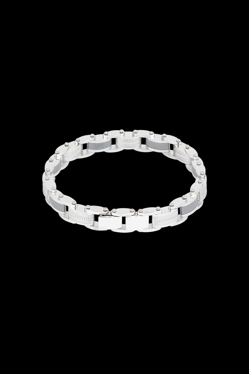 Bracelet VELKA acier maillons — macro détail argent