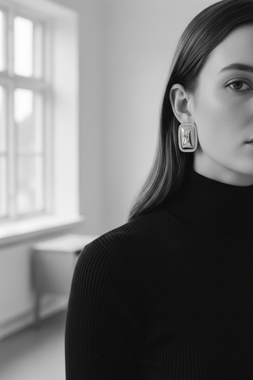 Boucles rectangulaires — col roulé noir, intérieur scandinave