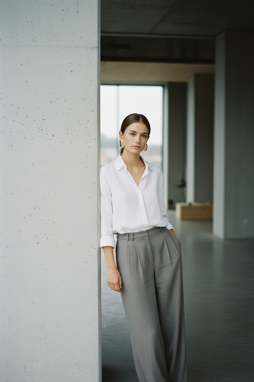 Boucles rectangulaires — blazer gris, mur blanc