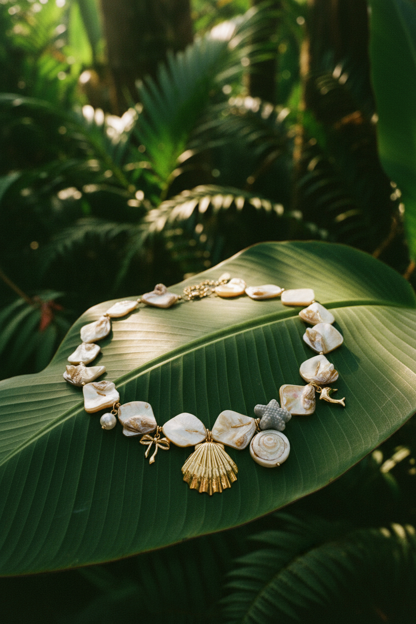 Collier Lumé coquillages perles — macro détail