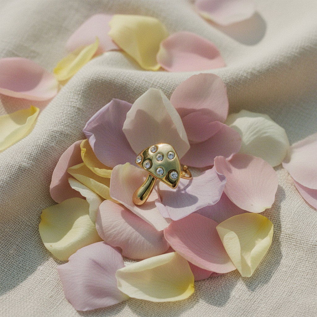 Bague champignon — flat lay pétales