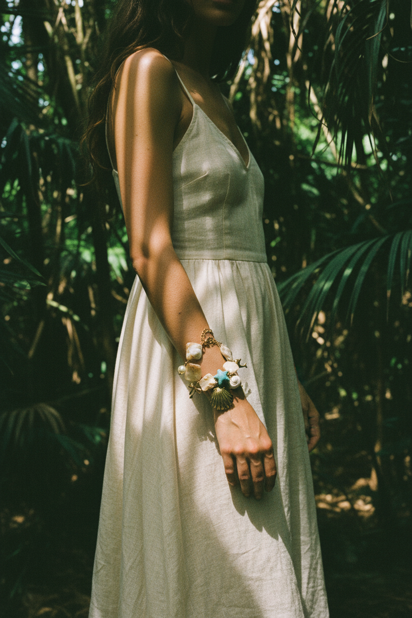 Bracelet Lumé coquillages perles bleues — porté jungle lumière filtrée