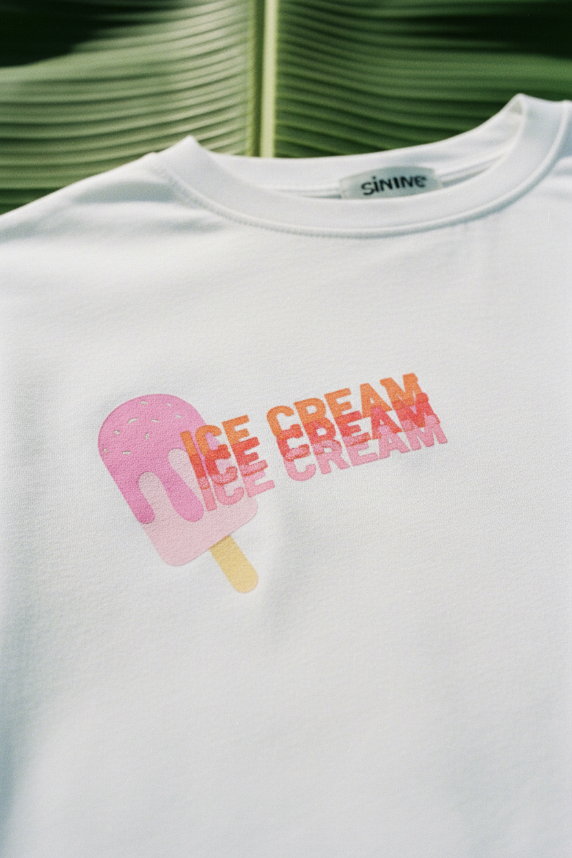 Gimme® T-shirt blanc - macro détail tissu coton et imprimé glace