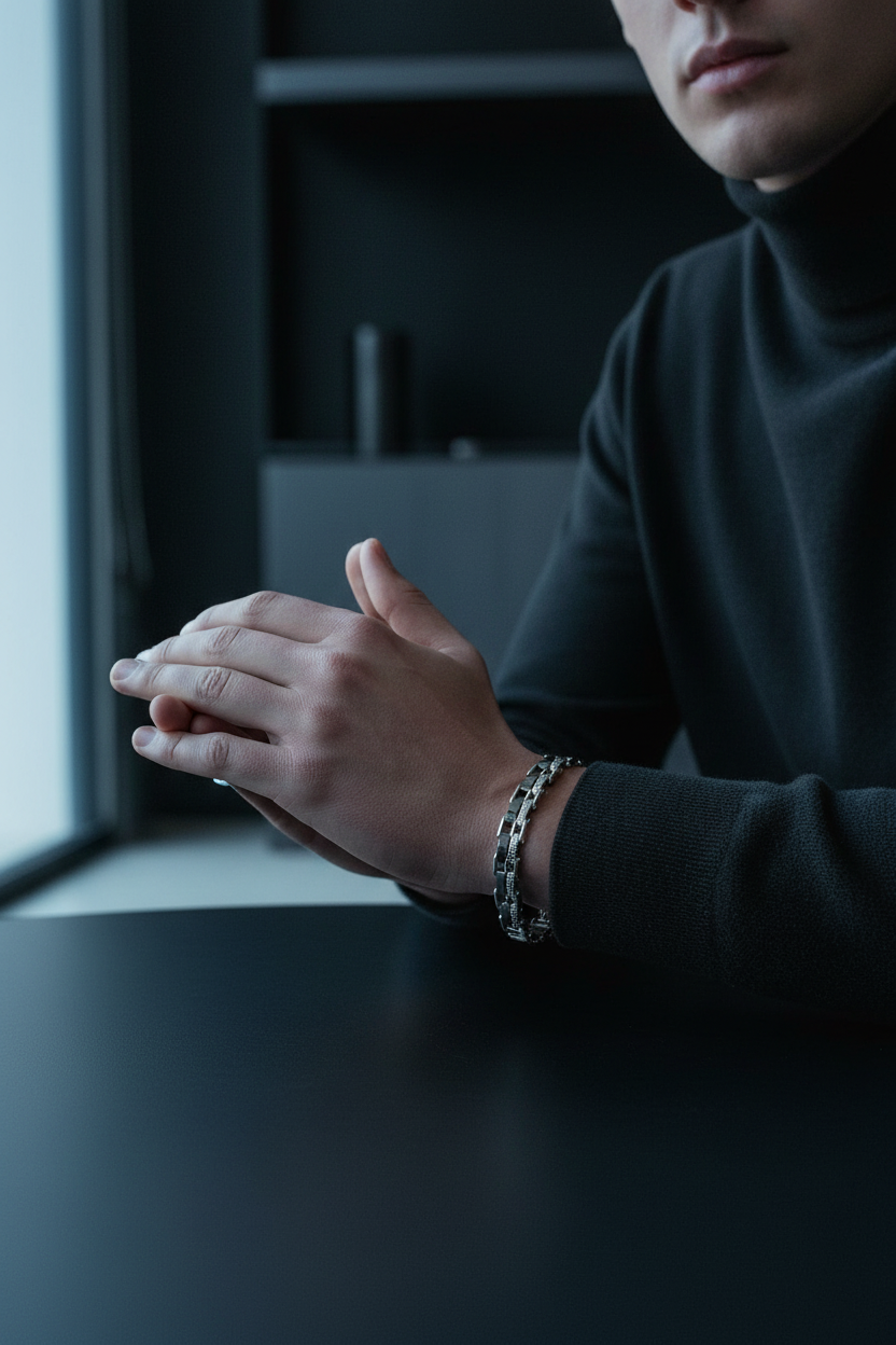 Bracelet VELKA — col roulé noir, bureau sombre