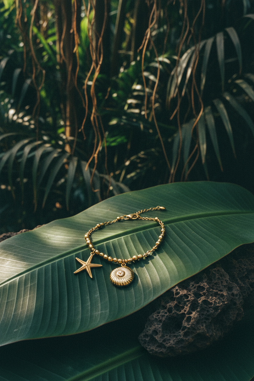 Still life bracelet étoile de mer sur feuille de bananier et pierre volcanique - Lili June®