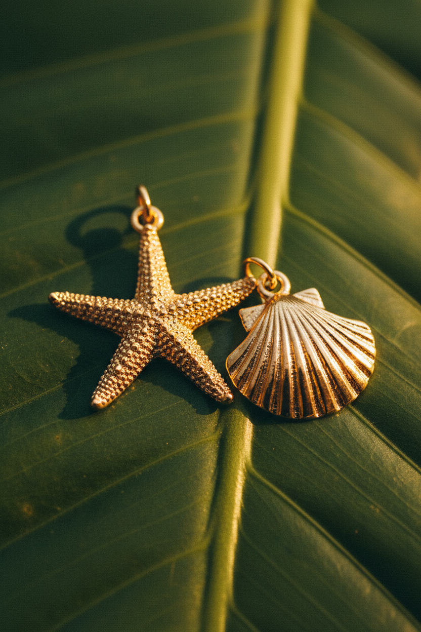 Macro charm étoile de mer et coquille dorés plaqués or 14 carats - Lili June®