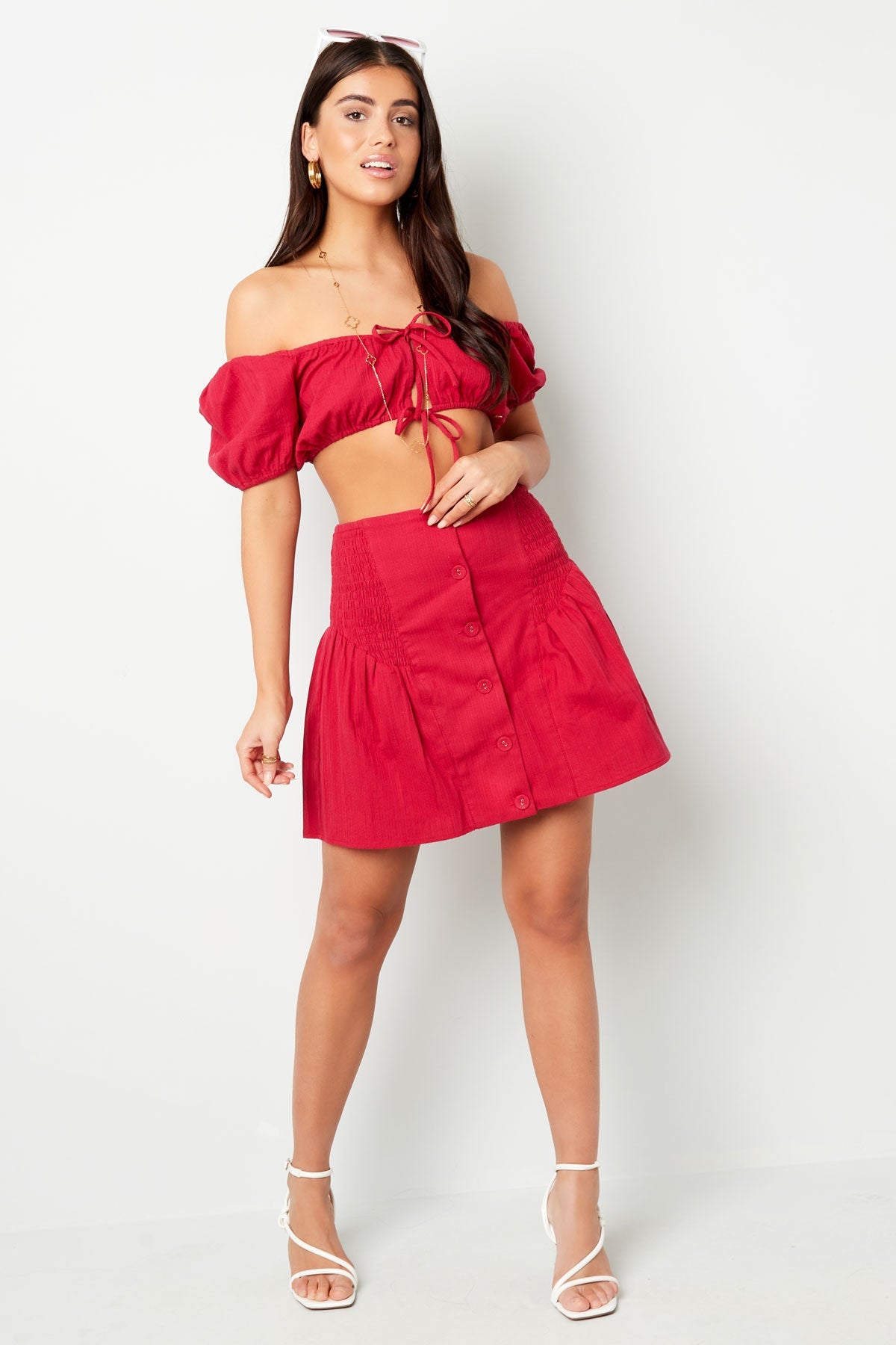 Jupe avec boutons et détail smocké Blanc - Apollodrop